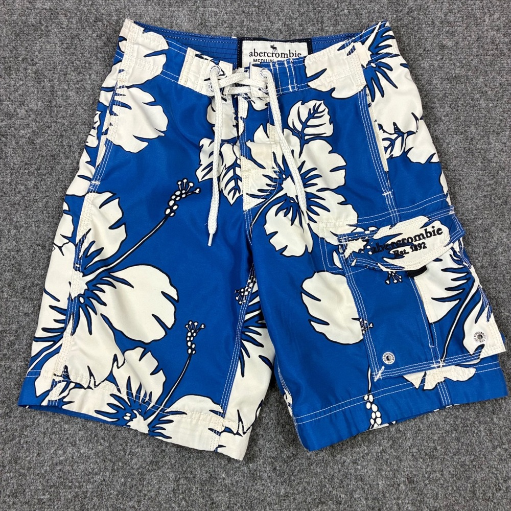 Abercrombie Mens Size Medium Blue White Floral Hibiscus Board Shorts Swim Trunks